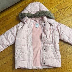 GAP Light Pink Puffer Jacket with Faux Fur Hood